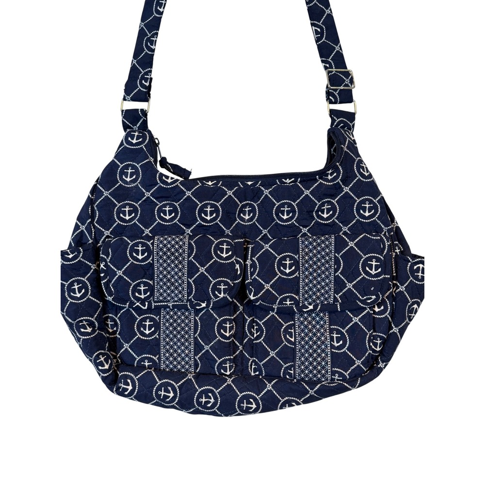 Navy Blue Quilted Nautical Anchor Crossbody Bag Adjustable Strap Multi-Pocket